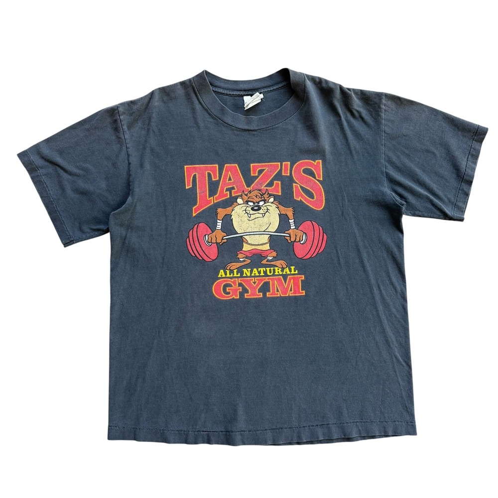 Vintage 1991 Tazs All Natural Gym T-Shirt Acme Clothing Looney Tunes Black Large